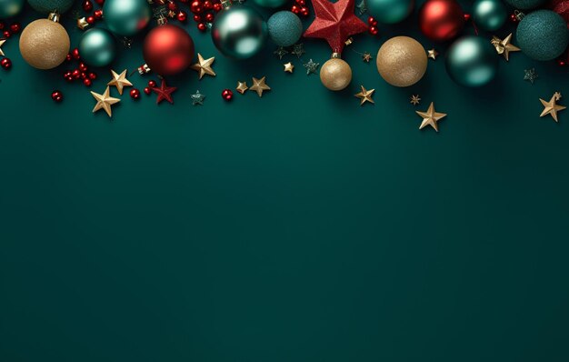 Christmas and Happy New Year green background with balls and christmas ornaments Top view copy space Generative AI