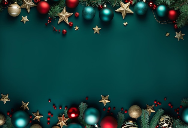 Christmas and Happy New Year green background with balls and christmas ornaments Top view copy space Generative AI