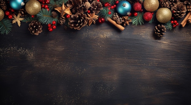 Christmas and Happy New Year wood background with balls and christmas ornaments Top view copy space Generative AI