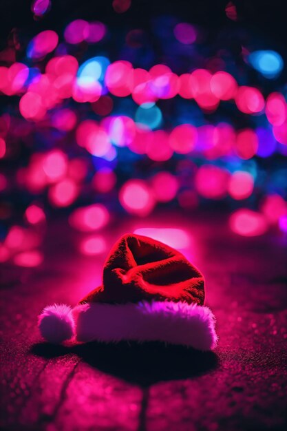 Christmas hat on the floor with bright lights around xmas wallpaper