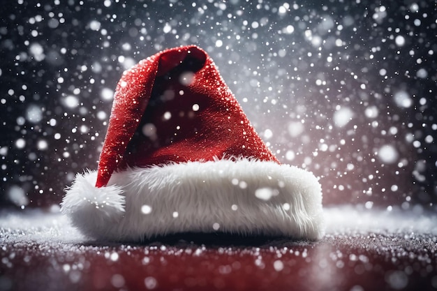 Christmas hat in the snow with snowflakes in the air xmas background