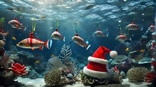 Christmas hat underwater with sea plants and fish around xmas wallpaper generated by ai