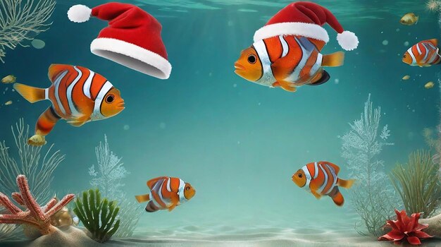 Christmas hat underwater with sea plants and fish around xmas wallpaper generated by ai