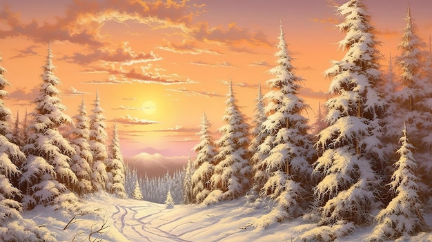 Christmas Holiday background Santa39s cottage golden sunset winter rural landscape Generative ai