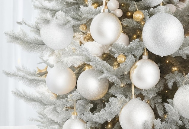 Christmas holiday background silver and color bauble hanging from a decorated on tree with bokeh an