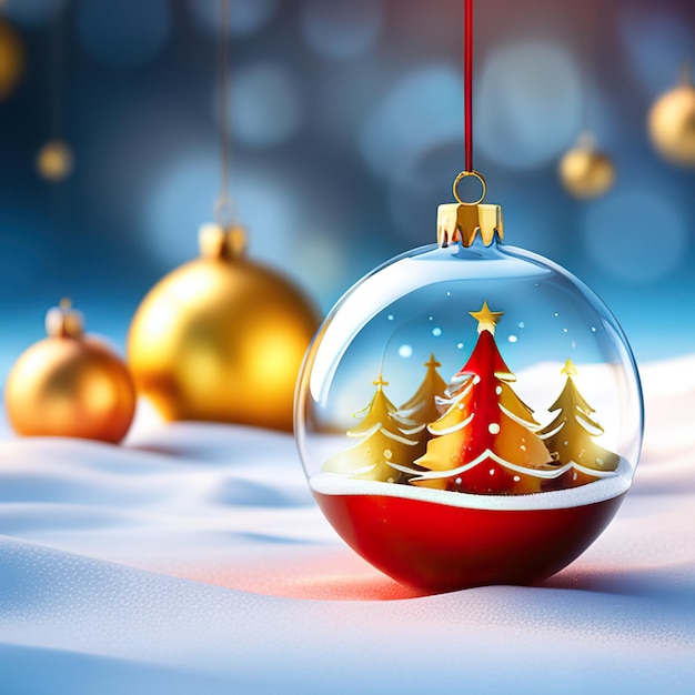 Christmas holiday background with snow fir tree and decorations with balls with christmas light