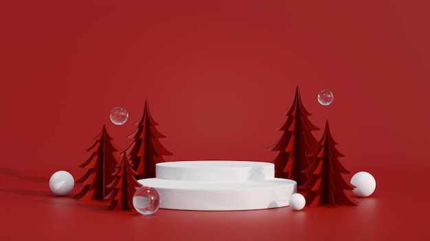 Christmas holiday banner background white podium with red Christmas tree on red background