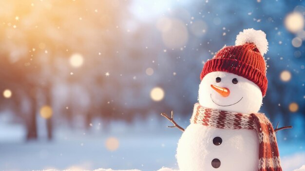 Рождественский праздничный баннер с забавным улыбающимся снеговиком в шерстяной шапке и шарфе