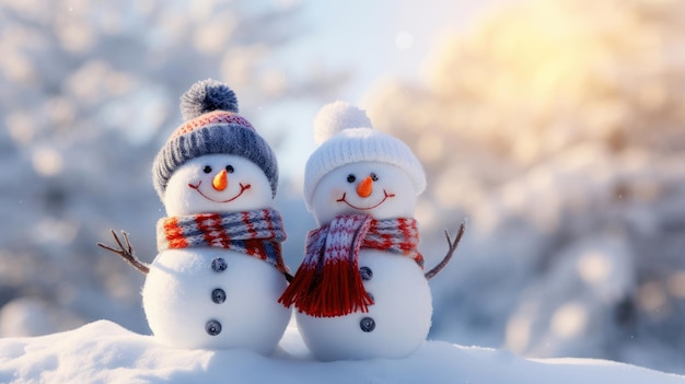 Christmas holiday banner of funny smiling snowmans with wool hat and scarf