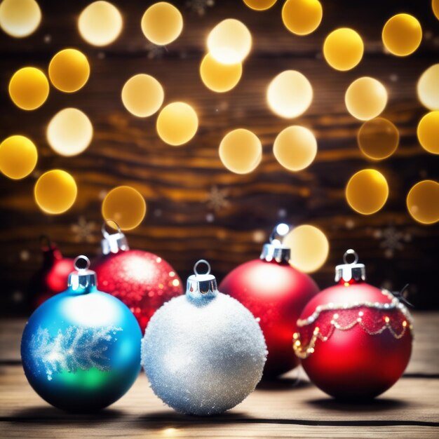 Foto baubles natalizie luci festive e scintillanti su uno sfondo di legno