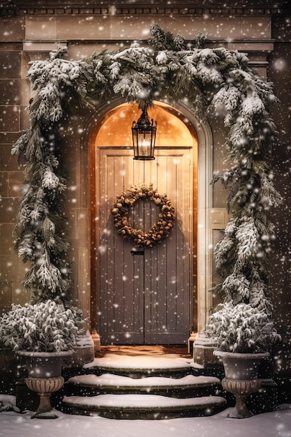 Christmas holiday country cottage and snowing winter wreath decoration on a door Merry Christmas and Happy Holidays wishes generative ai