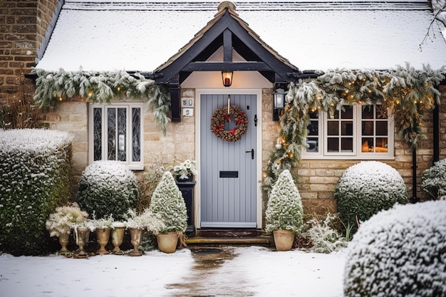 Christmas holiday country cottage and snowing winter wreath decoration on a door Merry Christmas and Happy Holidays wishes generative ai