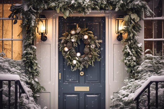 크리스마스 휴가 시골 별장과 문에 눈이 내리는 겨울 화환 장식 메리 크리스마스와 해피 홀리데이는 생성 인공 지능을 기원합니다