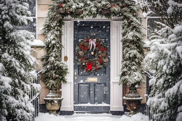 Christmas holiday country cottage and snowing winter wreath decoration on a door Merry Christmas and Happy Holidays wishes generative ai