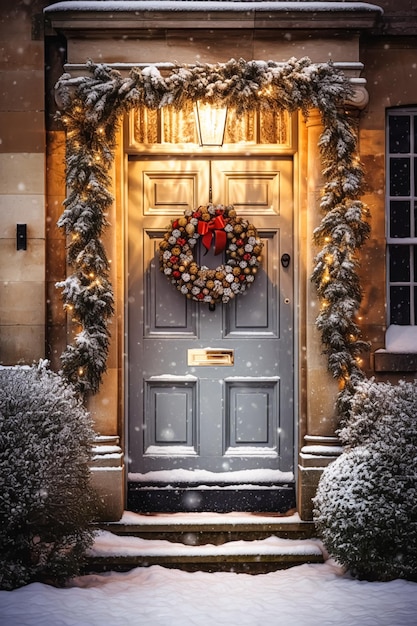 クリスマスホリデーカントリーコテージとドアに雪が降る冬の花輪の装飾メリークリスマスとハッピーホリデーは生成AIを望みます