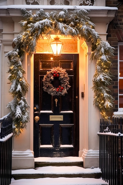 Christmas holiday country cottage and snowing winter wreath decoration on a door Merry Christmas and Happy Holidays wishes generative ai