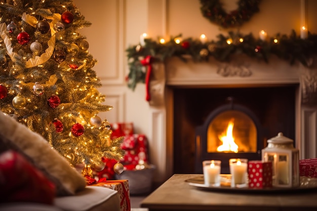 Фото Рождественский декор и уютная атмосфера деревенского коттеджа украшенная елка в гостиной английского загородного дома с украшением интерьера камином
