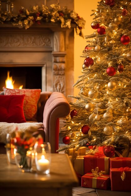 Christmas holiday decor and country cottage style cosy atmosphere decorated christmas tree in the english countryside house living room with fireplace interior decoration idea