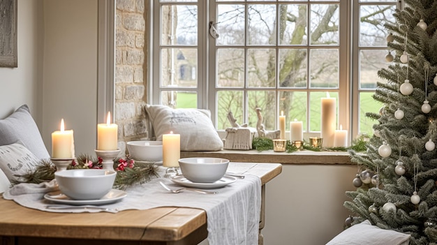 Foto natale vacanza famiglia colazione messa a tavola decorazione e tavolo festivo paesaggio inglese country e home styling