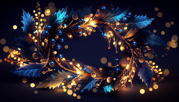 Christmas holiday garlands on a dark background Cozy fairytale atmosphere bokeh lighting Generative AI