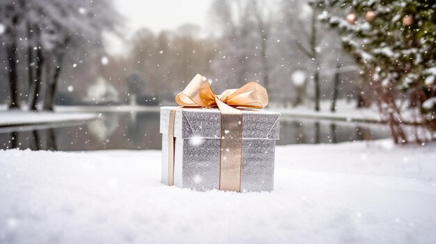 Christmas holiday gift and present gift box in the snow in snowfall winter countryside nature for boxing day holidays shopping sale idea