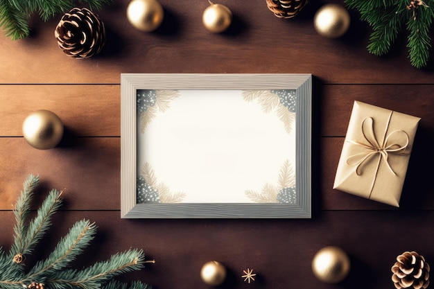 Christmas holiday greeting frame design mockup with decoration on wood table