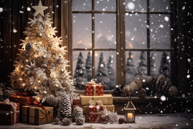 사진 겨울철의 크리스마스 휴가에는 선물 상자, 나무, 장식품, 눈송이 배경으로 장식합니다.