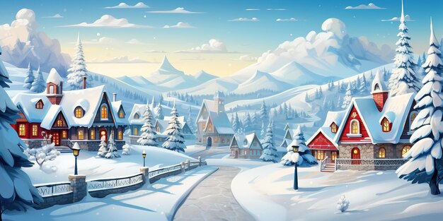 사진 크리스마스 휴가 풍경 크리스마스 꽃줄기로 아름답게 장식 된 귀여운 집과 눈 인 알파인 스키 리조트와 새해 나무