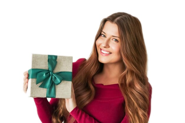 Christmas holiday present happy woman holding a gift or luxury beauty box subscription delivery isolated on white background