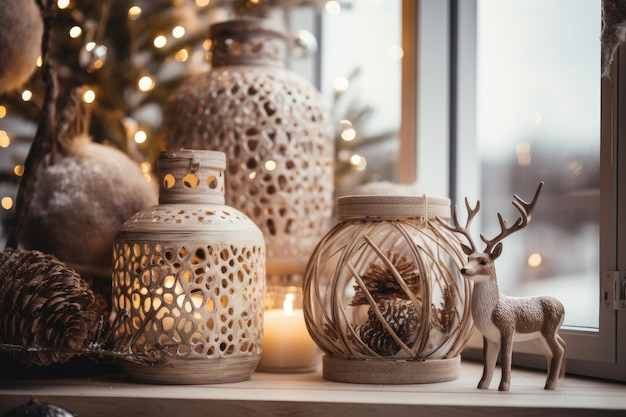 Foto vacanze di natale in inverno decorare con scatole regalo albero e ornamenti sfondo fiocchi di neve