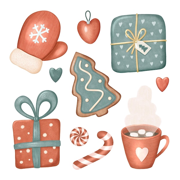 Photo christmas holliday crayon clipart collection with hand painted seasonal items