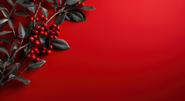 赤い背景のクリスマスホリーブランチ
