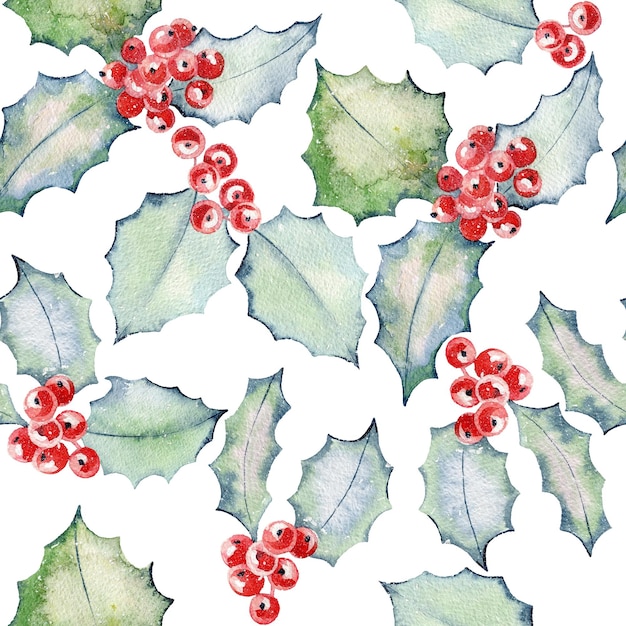 Christmas Holly Watercolor seamless pattern