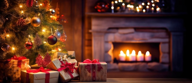 ライトと暖炉のあるツリーの下のクリスマス ホーム ルーム ギフト ボックス