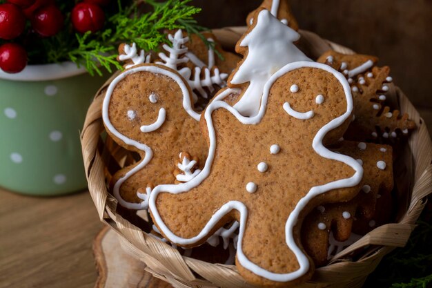 Christmas homemade gingerbread cookies, gingerbread man on
wooden table