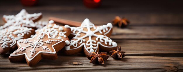 Foto natale biscotti di pan di zenzero fatti in casa su legno sfondo natalizio spazio di copia generativo ai