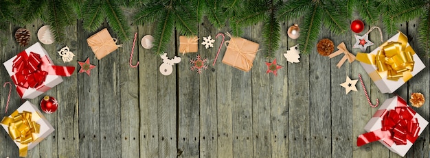 Christmas horizontal banner flat lay ornament decoration with copy space on wood background