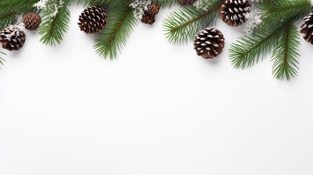 Photo christmas horizontal frame made from fir tree branches and cones white background banner with blank space for text