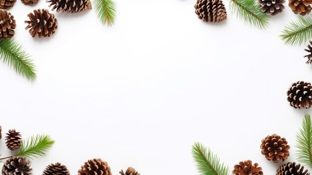 Photo christmas horizontal frame made from fir tree branches and cones white background banner with blank space for text