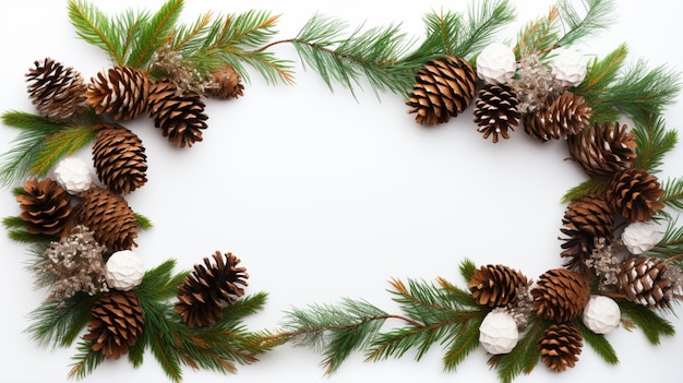 Christmas horizontal frame made from fir tree branches white background image Ai generated art