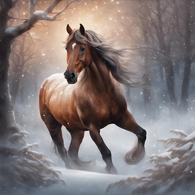 Photo christmas horse in natural winter forest background