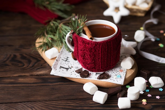 Christmas hot chocolate with marshmallows and cinnamon  New Years decor of the drink