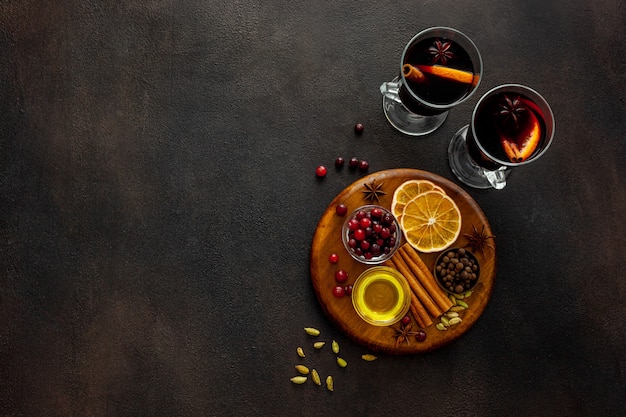 Christmas hot drink in glasses mulled red wine with spices and decoration