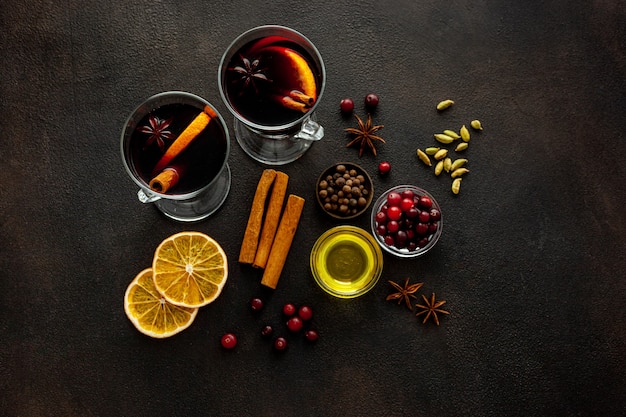 Christmas hot drink in glasses mulled red wine with spices and decoration