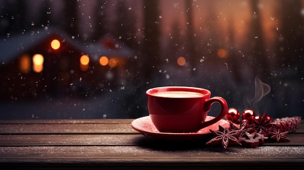 christmas hot drink in the red cup with bokeh lights background