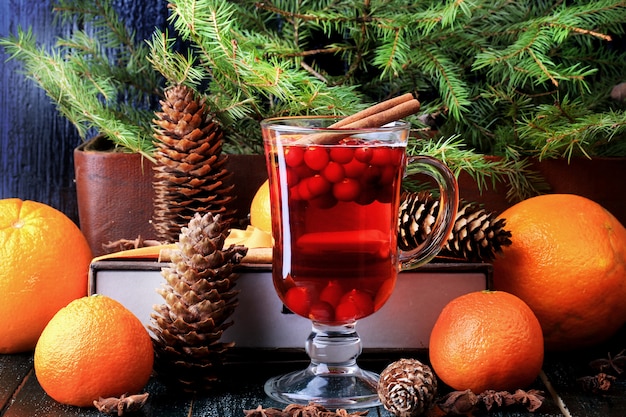 Christmas hot drink with cranberries and cinnamon fir mandarin oranges winter holiday