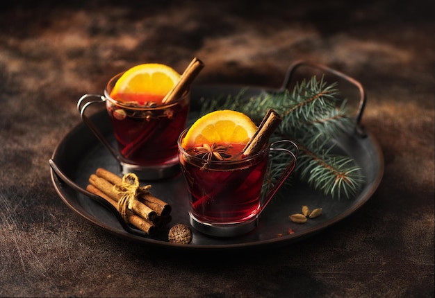 Christmas hot drink with spices  mulled wine. Holiday concept, Christmas and New Year