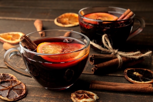 Christmas Hot mulled wine with cinnamon and orange