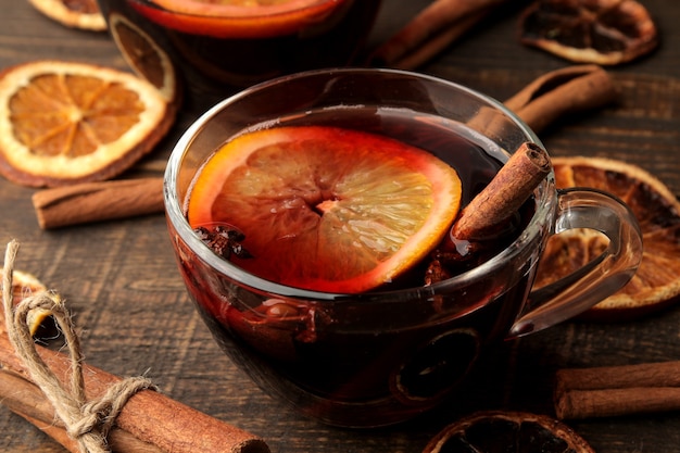 Christmas Hot mulled wine with cinnamon and orange