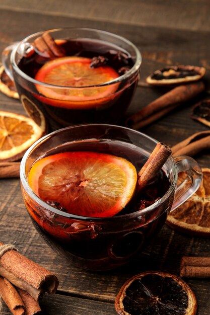 Christmas Hot mulled wine with cinnamon and orange